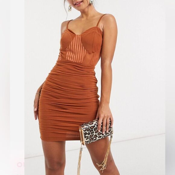 NaaNaa mesh detail body-conscious dress in rust Size 8 - Picture 1 of 8